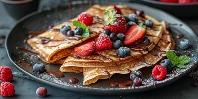 AI generated Plate of Pancakes With Strawberries and Blueberries photo