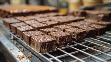 ai generado chocolate barras enfriamiento en un estante en un fábrica foto