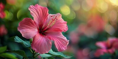 AI generated Pink Flower With Green Leaves photo