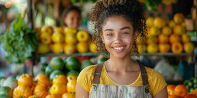 AI generated Young Girl Smiling in Front of Display of Fruits and Vegetables photo