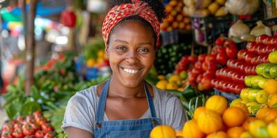 AI generated Young Girl Smiling in Front of Display of Fruits and Vegetables photo