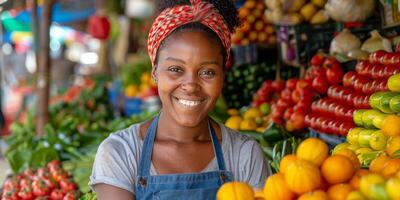 ai generado joven niña sonriente en frente de monitor de frutas y vegetales foto