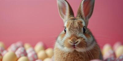 ai generado Conejo sentado en un campo de vistoso huevos foto