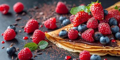 AI generated Stack of Pancakes Topped With Berries and Chocolate photo