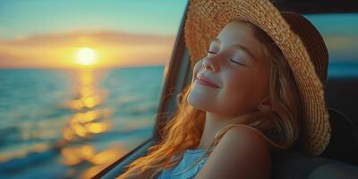 ai generado mujer en sombrero y Gafas de sol mirando fuera ventana de coche foto