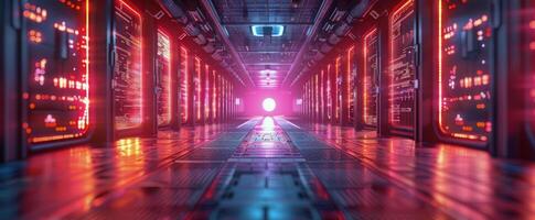 AI generated Illuminated Long Hallway With Red and Blue Lights photo