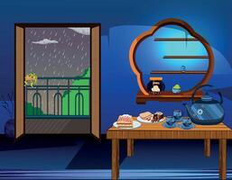 Enjoing rain with tea at night view vector