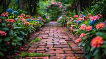 AI generated Colorful Flower-Lined Brick Pathway photo