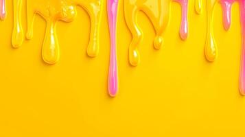 AI Generated Vibrant yellow and pink paint drips on glossy surface photo