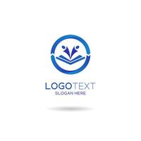 Education logo with a student and book illustration in blue color. vector