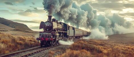 AI Generated Vintage steam train crossing picturesque landscape photo