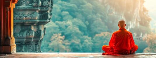 AI Generated Serene buddhist monk meditating at sunrise photo