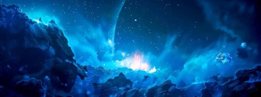 AI Generated Vivid otherworldly landscape with celestial lights under a starry sky photo