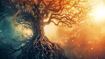 AI Generated Mystical old tree with twisted branches bathed in warm sunset glow photo