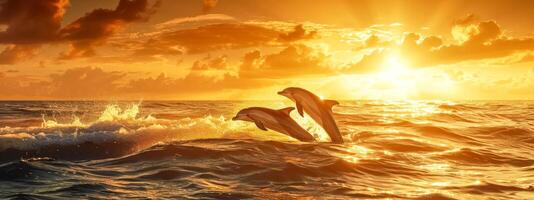 ai generado dos delfines saltando terminado Oceano olas con un radiante puesta de sol fondo foto