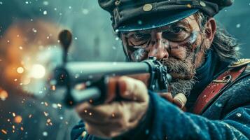 ai generado intenso soldado en uniforme puntería un pistola foto