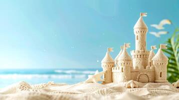 AI Generated Dreamy sandcastle on a sunny beach photo