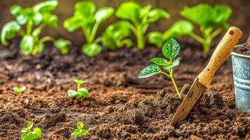 AI Generated Young plants in soil with gardening trowel photo