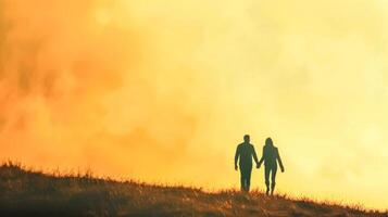 AI Generated Silhouette of couple walking at sunset photo