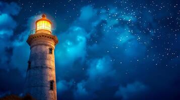 AI Generated Starry night illuminated by lighthouse beam photo