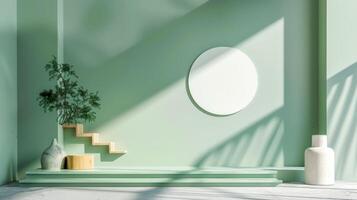 AI Generated Minimalist green studio with geometric shapes photo