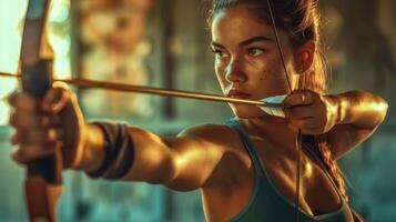 AI Generated Focused archer aiming her bow in dramatic lighting photo