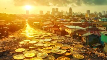 AI Generated Golden path of coins leading to sunset cityscape photo