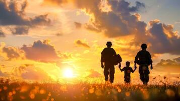 ai generado familia caminando a puesta de sol en el campo foto