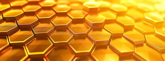 ai generado de cerca de un sin costura, brillante oro hexagonal textura reflejando ligero foto