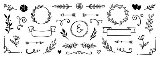 Flower frame, vintage ribbon vector element. Hand drawn doodle cute floral border, arrow, banner ribbon set. Wedding swirl element, floral frame, flower decorative element. Vector