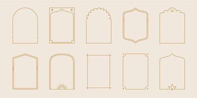 Boho mystic arch frame set. Minimal line style arch, oval shape boho frame with star, geometric element for badge, logo design. Vector