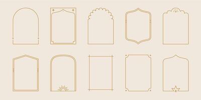 Boho mystic arch frame set. Minimal line style arch, oval shape boho frame with star, geometric element for badge, logo design. Vector