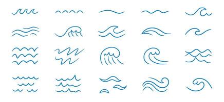 Wave sea line doodle icon set. Hand drawn sketch water wave outline. Simple curve, scribble aqua flow. Isolated vector