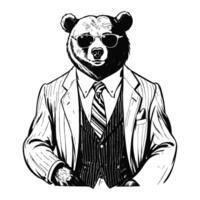 Anthro Humanoid Bear Wearing Business Suite and Glasses Old Retro Vintage Engraved Ink Sketch Hand Drawn Line Art vector