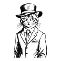 Anthro Humanoid British Shorthair Cat Wearing Business Suite and Hat Old Retro Vintage Engraved Ink Sketch Hand Drawn Line Art vector