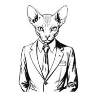 Anthro Humanoid Sphynx Cat Wearing Business Suite Old Retro Vintage Engraved Ink Sketch Hand Drawn Line Art vector