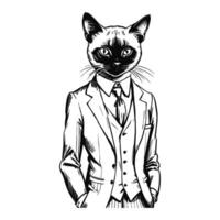 Anthro Humanoid Siamese Cat Wearing Business Suite Old Retro Vintage Engraved Ink Sketch Hand Drawn Line Art vector