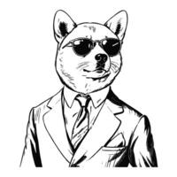 Anthro Humanoid Shiba Inu Dog Wearing Business Suite and Sunglasses Old Retro Vintage Engraved Ink Sketch Hand Drawn Line Art vector