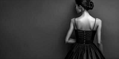 ai generado elegante mujer en negro vestir mirando terminado hombro foto