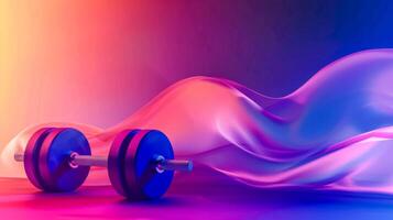 AI Generated Vibrant gym concept with dumbbells and dynamic fabric photo