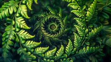 AI Generated Mesmerizing spiral pattern formed by lush green fern leaves photo