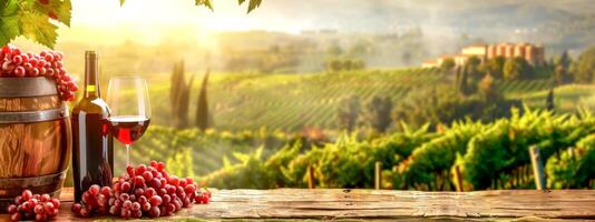AI Generated Vineyard sunset with wine and grapes photo