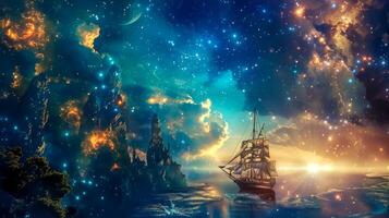 AI Generated Mystical seascape with sailing ship at twilight photo