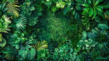 AI Generated Lush green tropical plant leaves frame photo