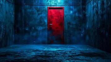 ai generado misterioso rojo puerta en un oscuro sucio habitación foto