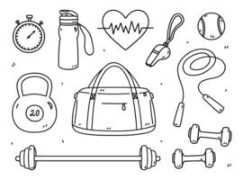 Set of fitness doodles - dumbbells, kettlebell, barbell, jump rope, stopwatch, sport bag and others. Sports equipment.Vector hand-drawn illustration isolated on white background. Healthy lifestyle. vector