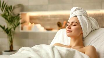 ai generado sereno mujer disfrutando un tranquilo spa día, envuelto en un toalla con ojos cerrado foto