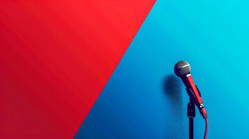 AI Generated Dynamic microphone on blue and red background photo