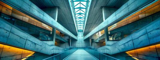 AI Generated Futuristic symmetrical corridor with blue skylights photo
