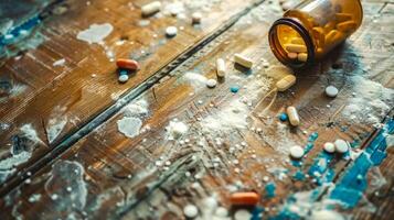 AI Generated Spilled prescription pills on a wooden surface photo